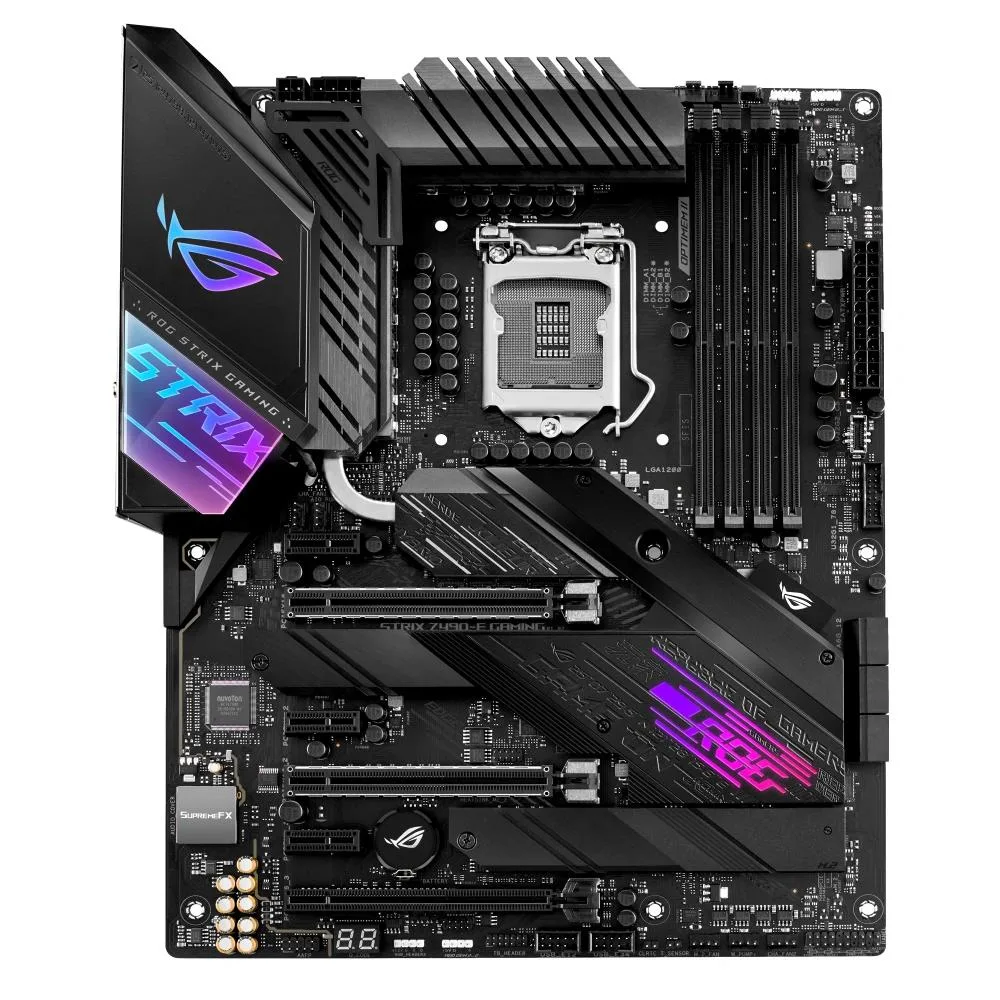 ATX motherboard with black heatsinks and silver I/O shield