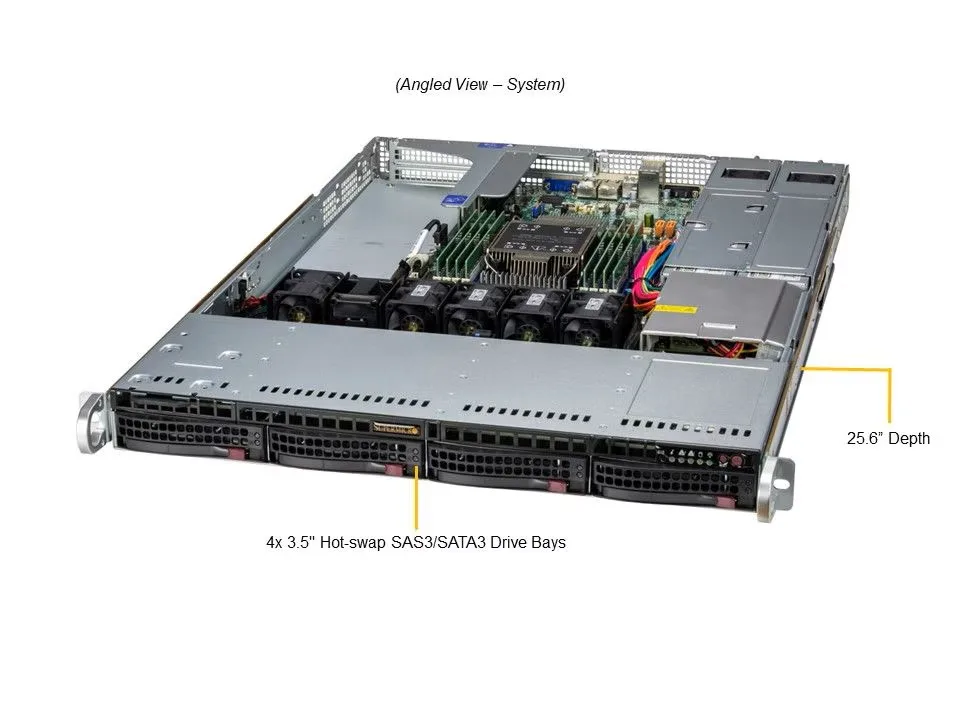 Silver 1U rack server front panel with drive bays and status LEDs