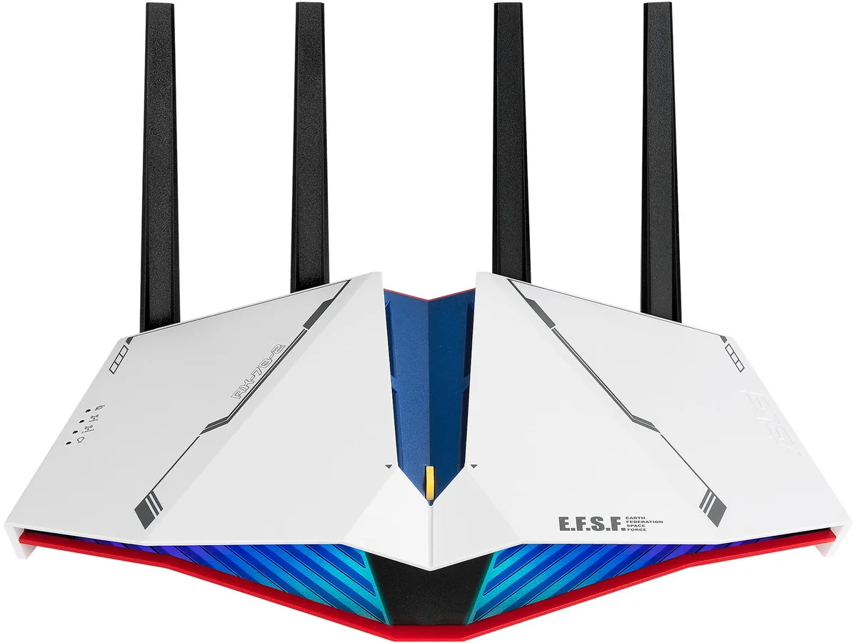 White gaming router with four external antennas and RGB lighting accents