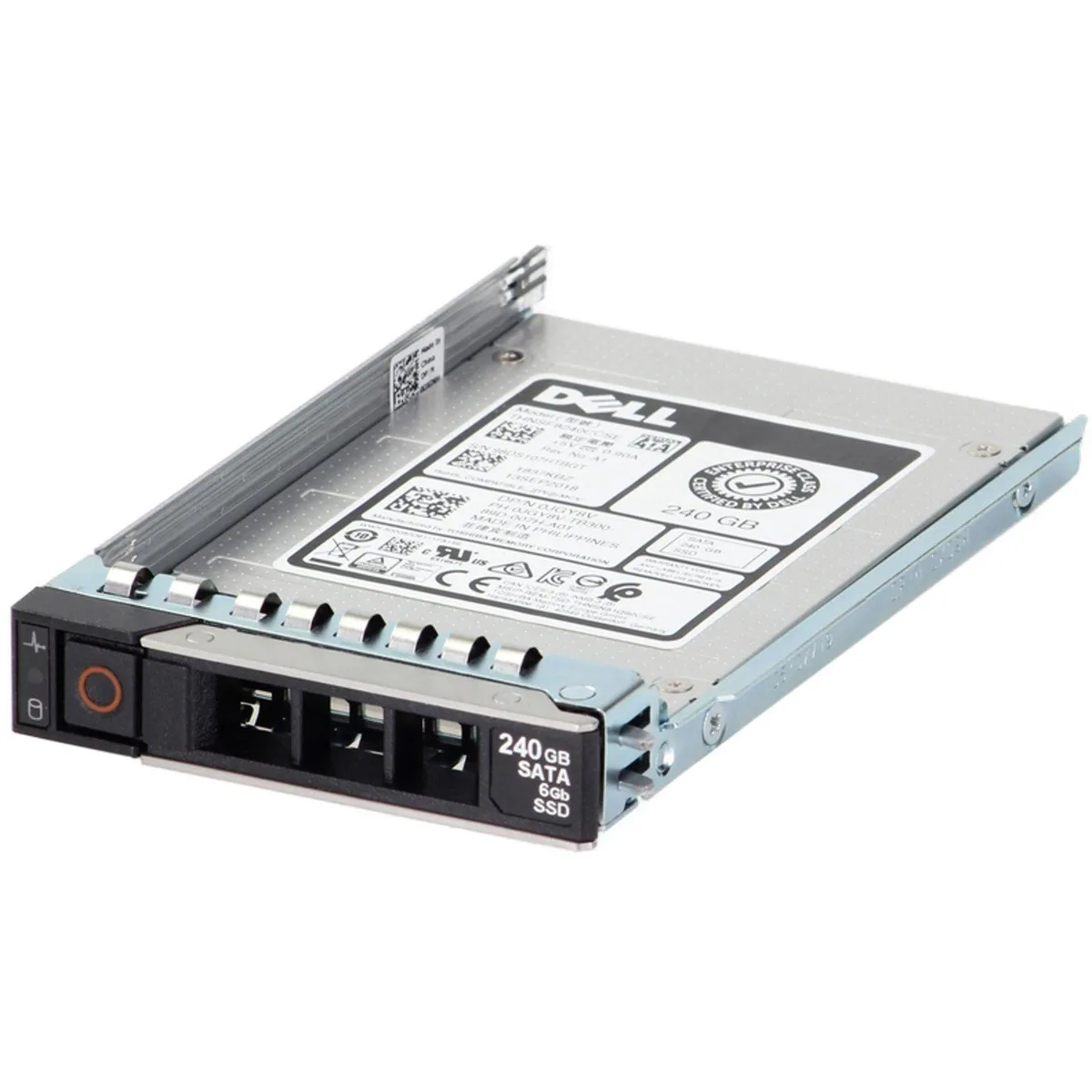 Black rectangular 2.5 inch SATA SSD with silver label showing Dell JGY8V 240GB