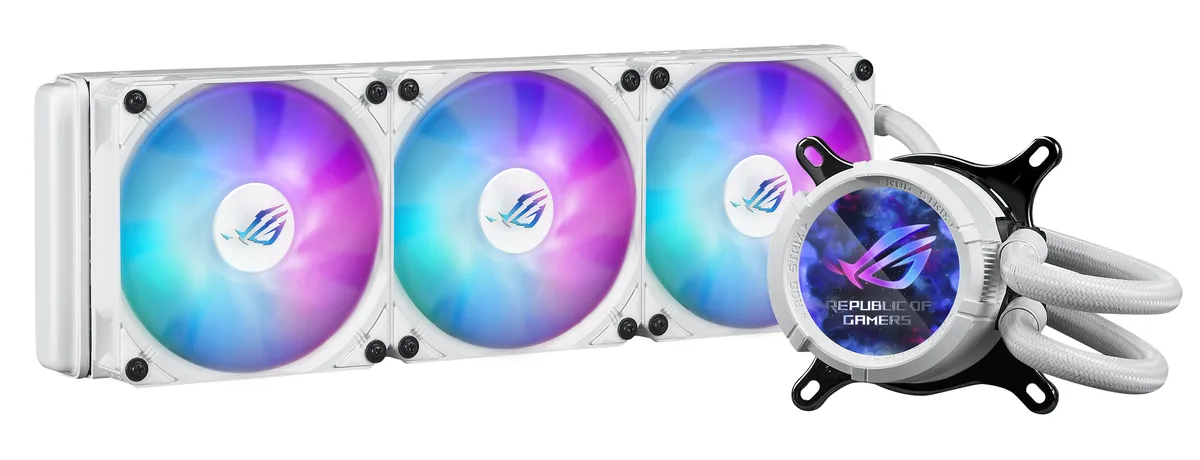 White all-in-one liquid cooler with 360 mm radiator, twelve ARGB fans, 2.1 inch rotatable LCD screen on pump block