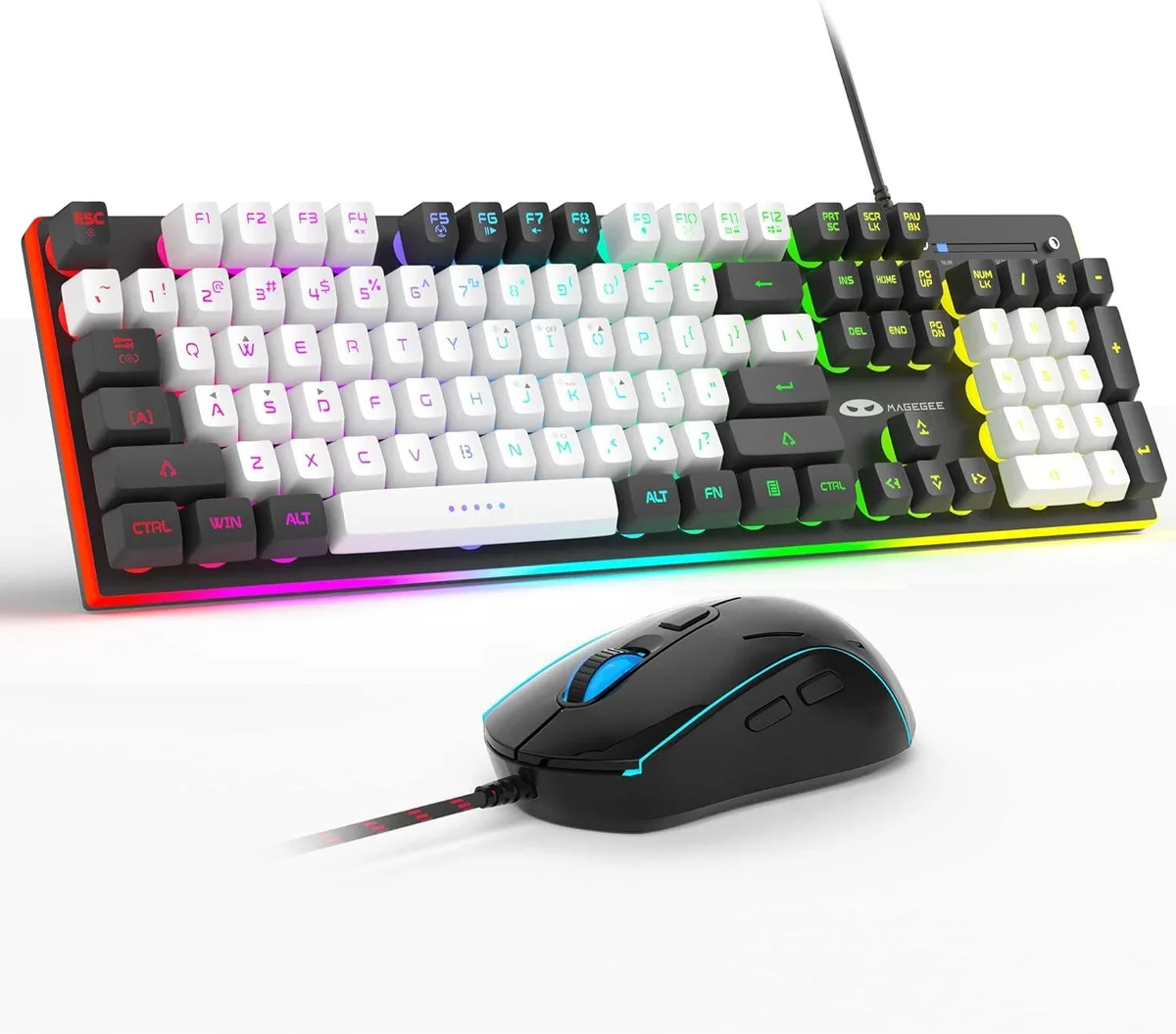 White and black full-size keyboard with RGB surround lighting and matching wired mouse with six-colour DPI indicator