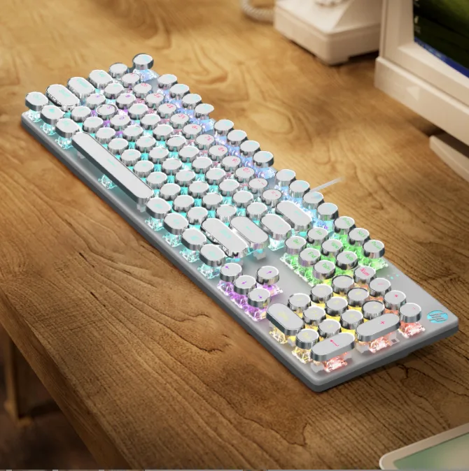 Silver mechanical gaming keyboard with brown switches and colourful backlighting