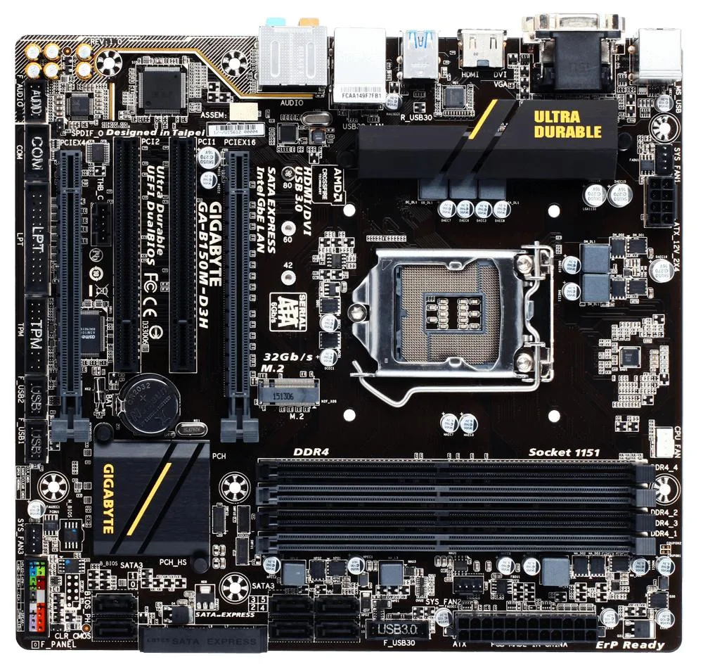Micro ATX motherboard, black PCB, silver heatsinks, LGA 1151 socket, four DDR4 slots, PCIe x16 and x4 slots