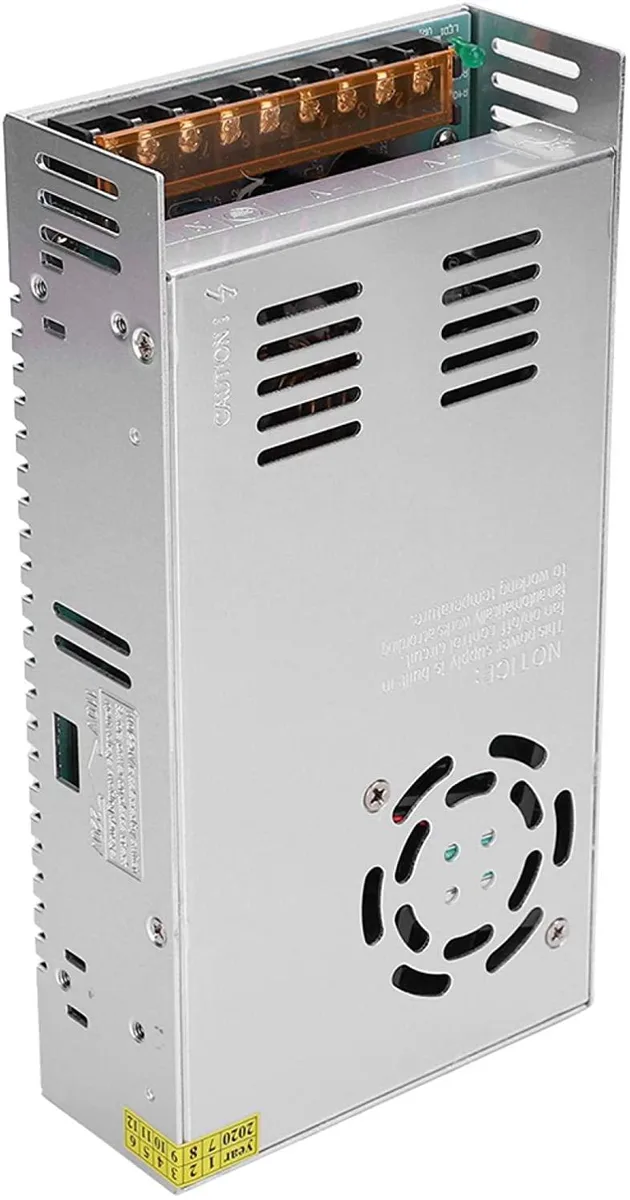 Rectangular aluminum power supply, silver finish, screw terminals visible