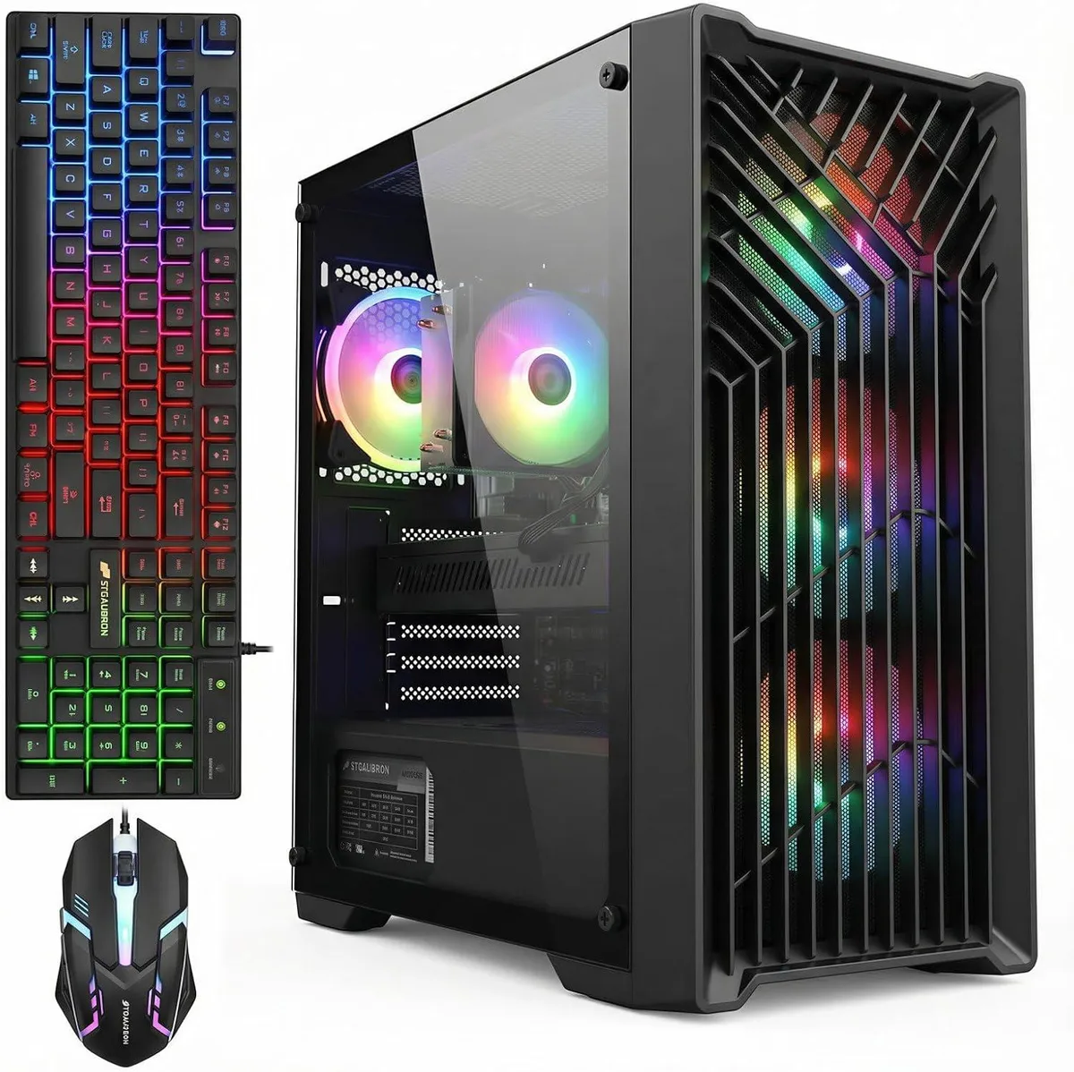 Black tower desktop with four RGB fans visible behind tempered glass side panel