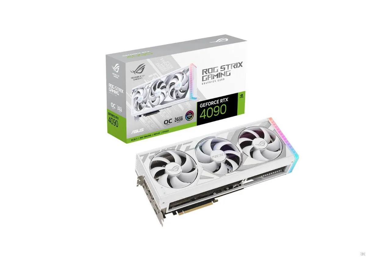 White triple-fan graphics card with diecast shroud and vented backplate, 3.5-slot thick