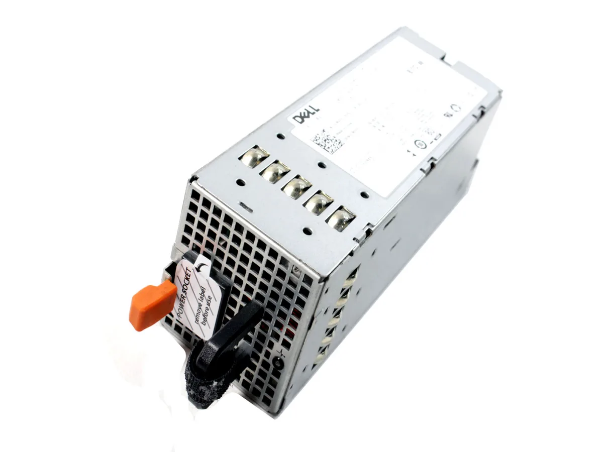 Rectangular silver metal server power supply unit with integrated handle and ventilation grille
