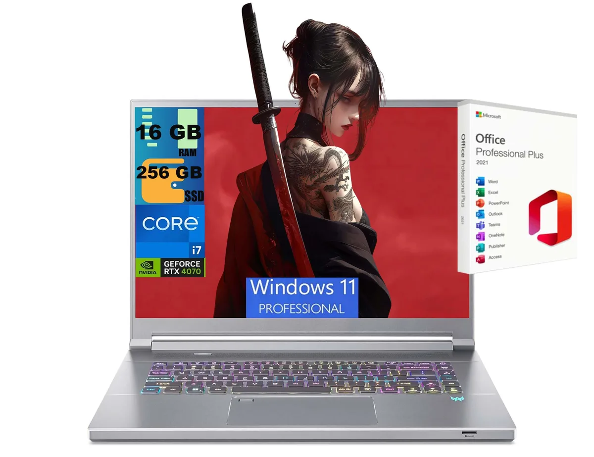 Silver gaming laptop, sixteen inch display, thin bezels, per-key RGB keyboard, slim profile