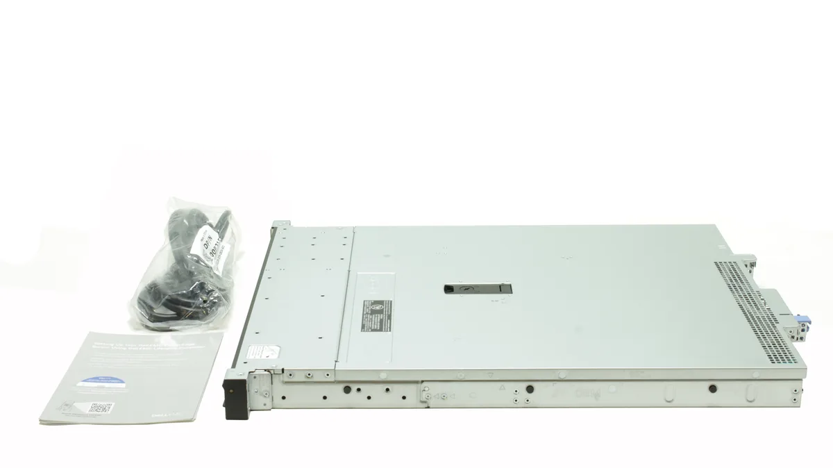 Silver 1U rack server front panel with drive bay slots and status lights