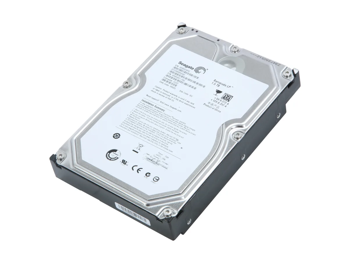 Seagate 3.5 inch bare SATA hard drive with silver metal casing and green circuit board visible