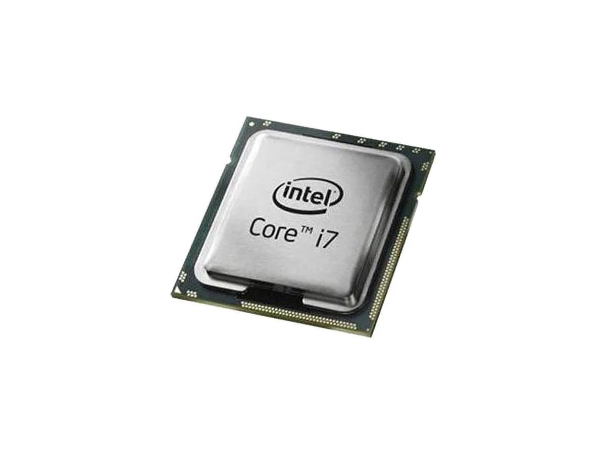 Silver square processor with gold contacts and Intel branding