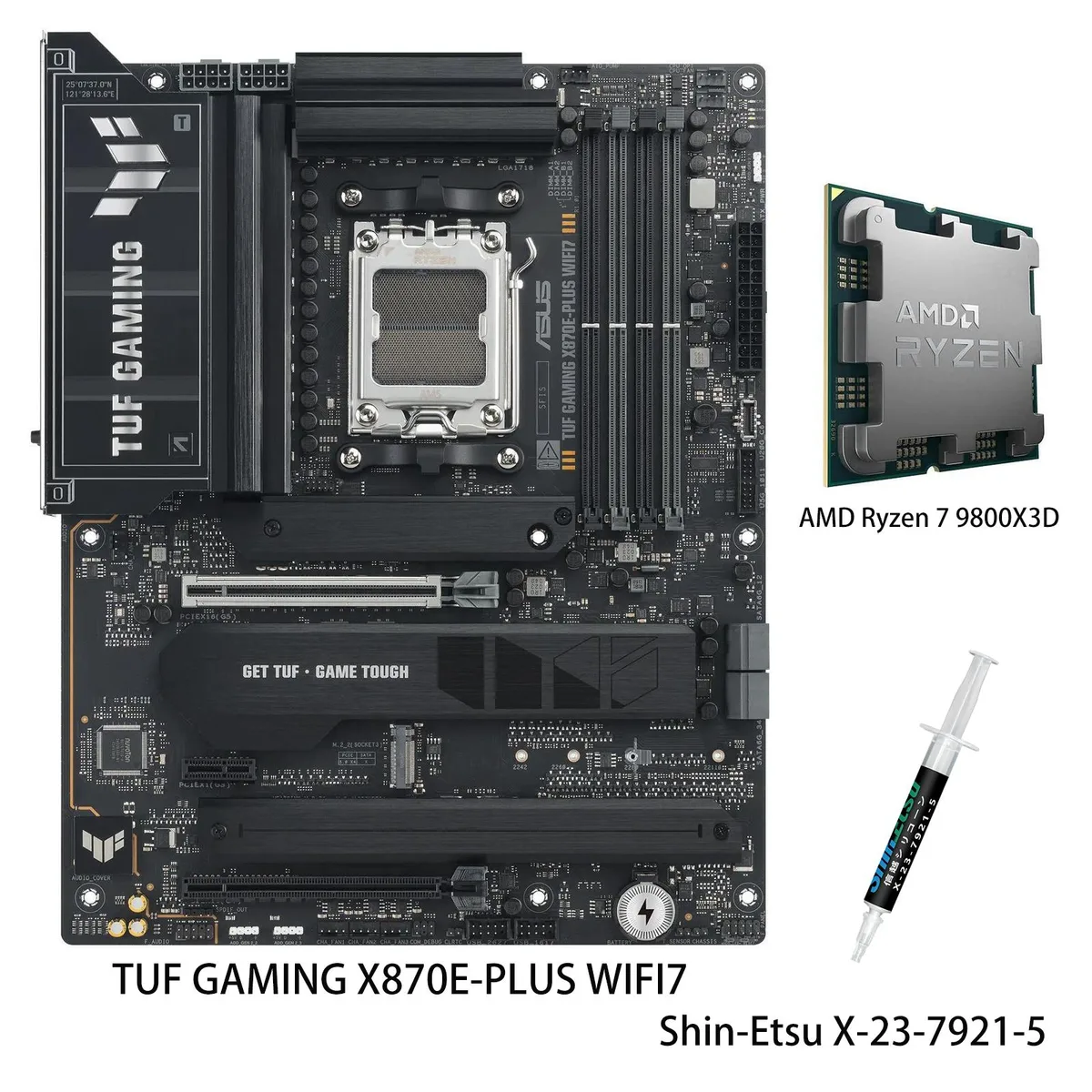 ATX motherboard with large silver VRM heatsinks and black PCB, Ryzen 7 9800X3D CPU in AM5 socket, four DDR5 slots