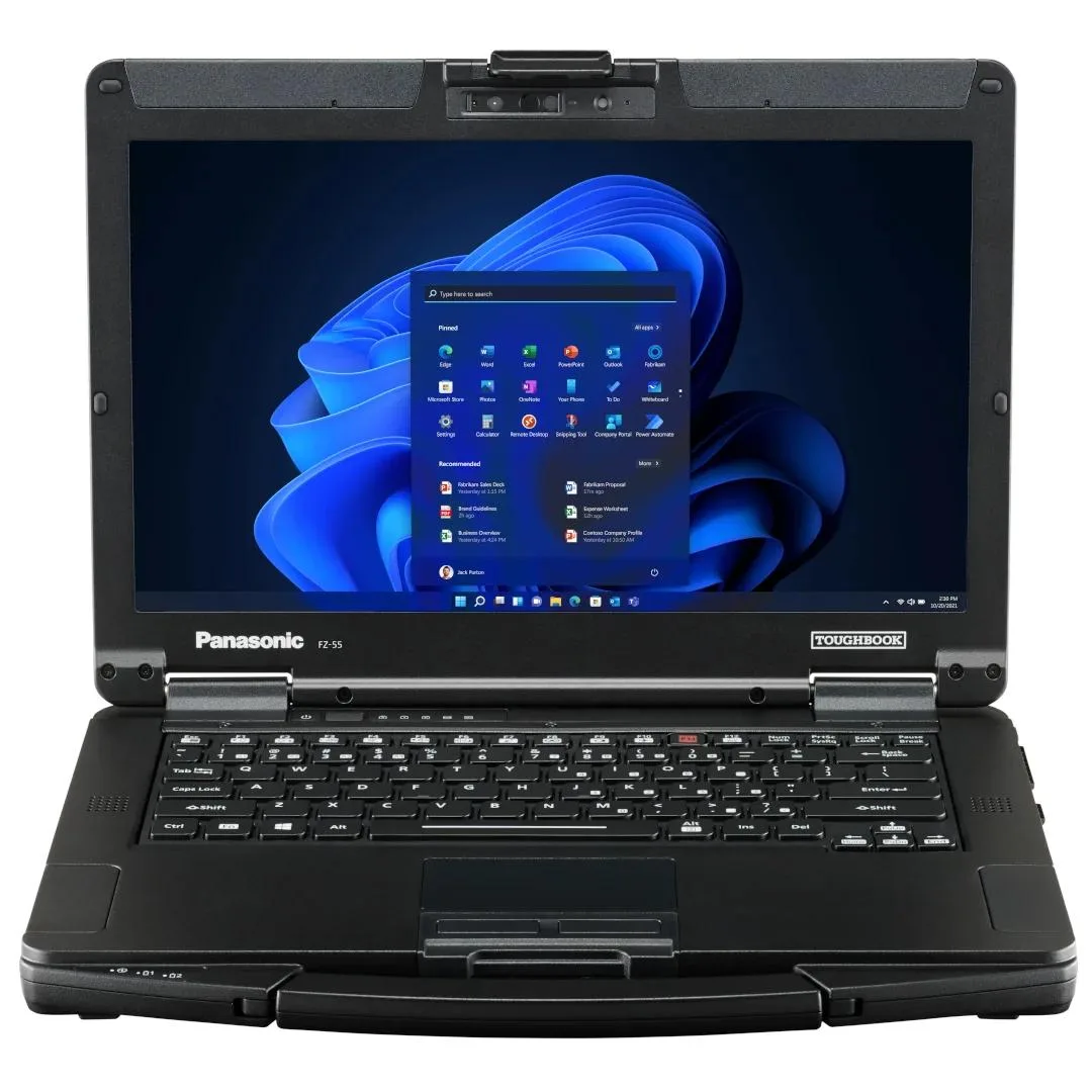 Black and silver semi-rugged laptop with 14 inch touchscreen, infrared webcam and emissive backlit keyboard