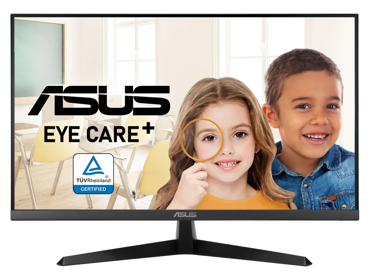 Black 27-inch flat monitor with thin bezels on a tilt stand