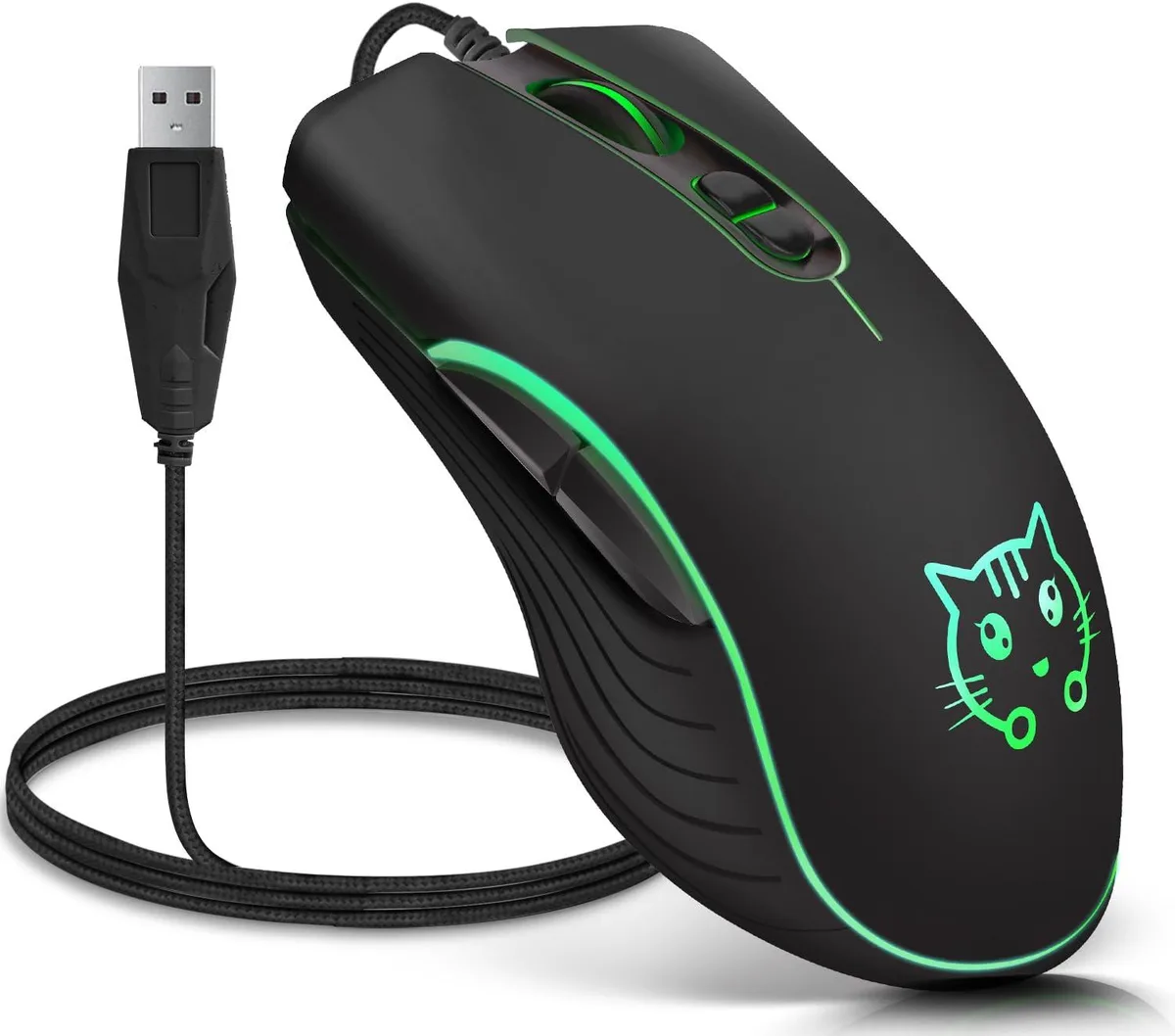 Black wired gaming mouse with cat cartoon design, seven-color backlight, six buttons, matte finish