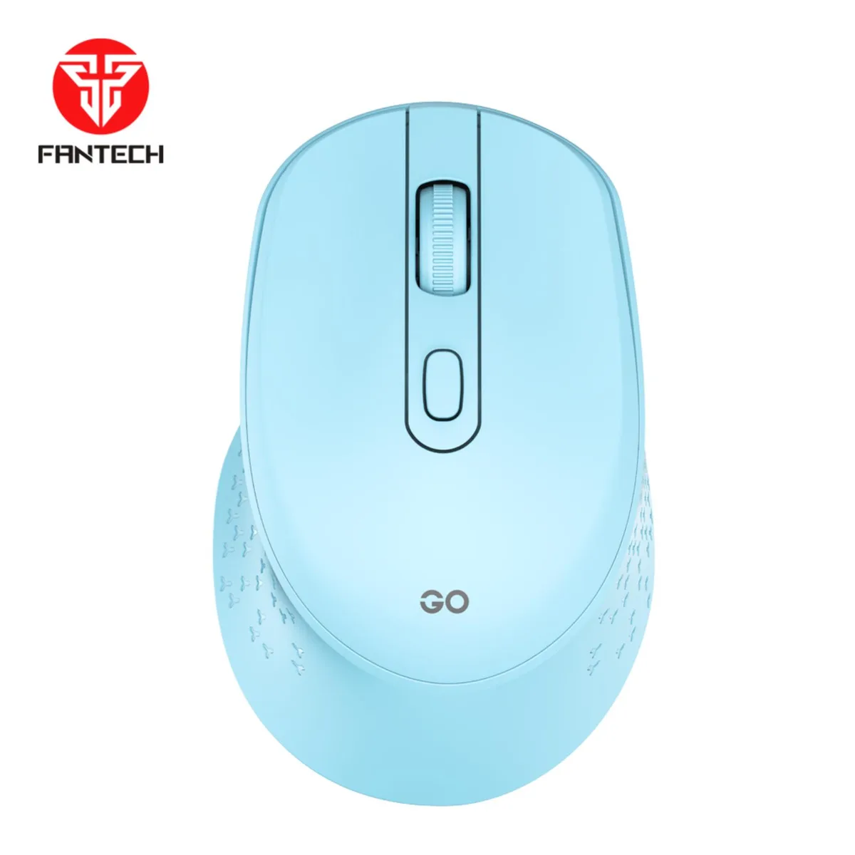 Blue wireless gaming mouse with ergonomic thumb contour and textured side grips