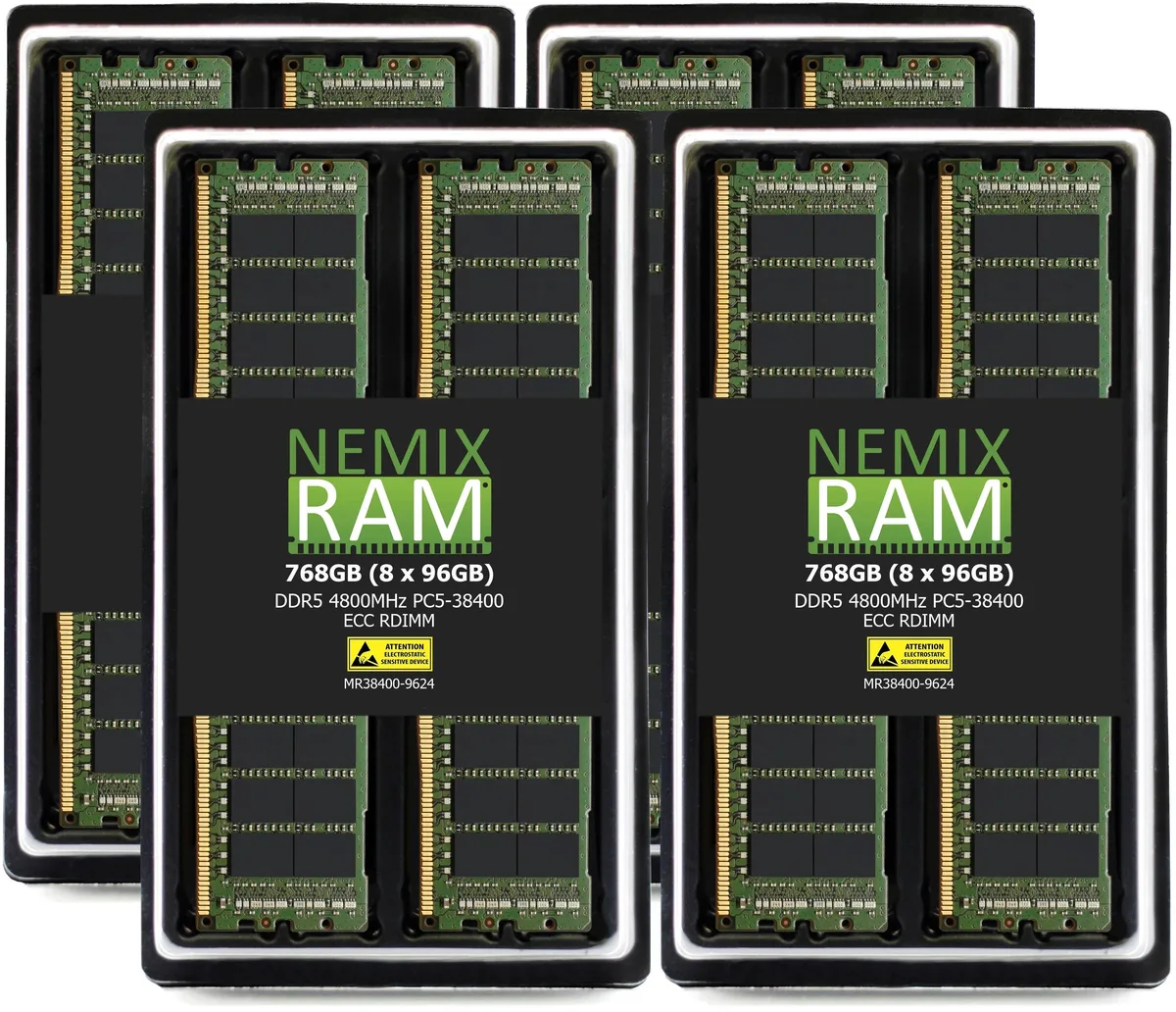 Eight green DDR5 RDIMM sticks in a row, no heat spreaders, gold contacts visible