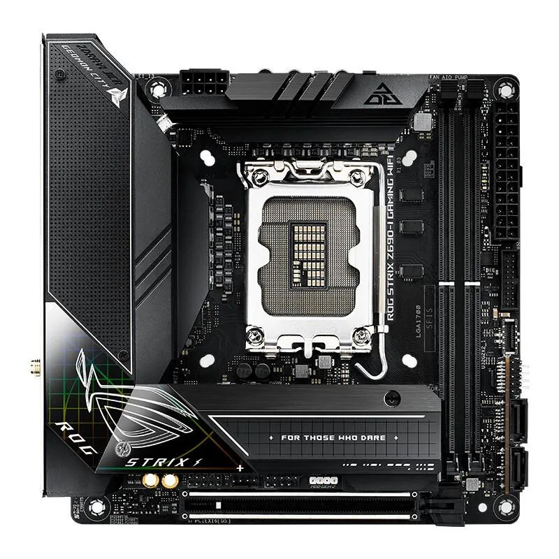 Mini-ITX motherboard with black heatsinks and silver accents