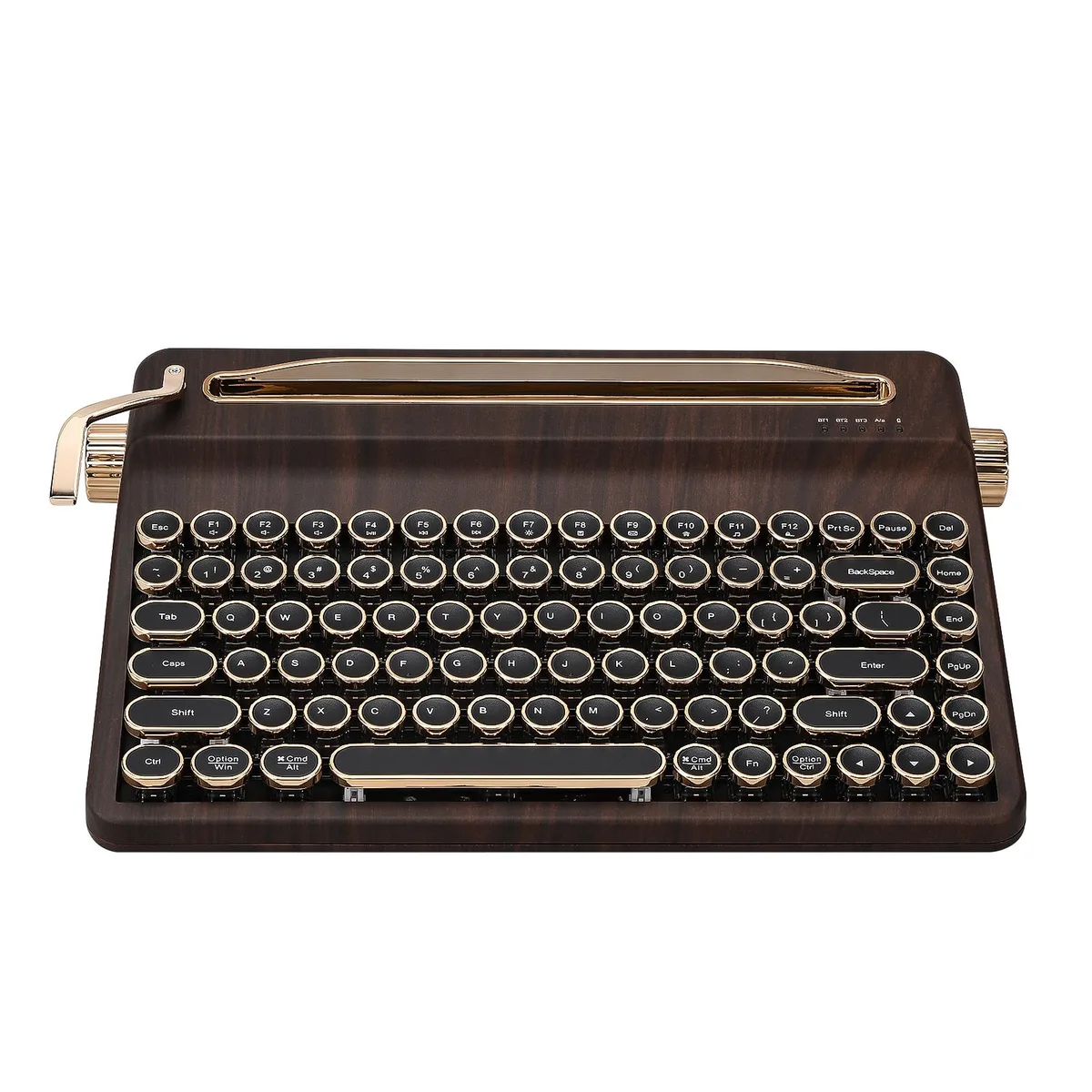Wood grain 75 percent wireless mechanical keyboard with round chrome keycaps and built-in stand