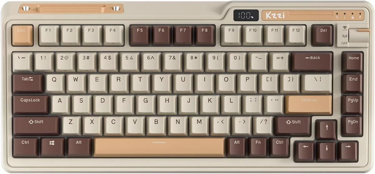 Compact 75% wireless mechanical keyboard in pastel Mousse Cake finish with rotary knob and LED power display