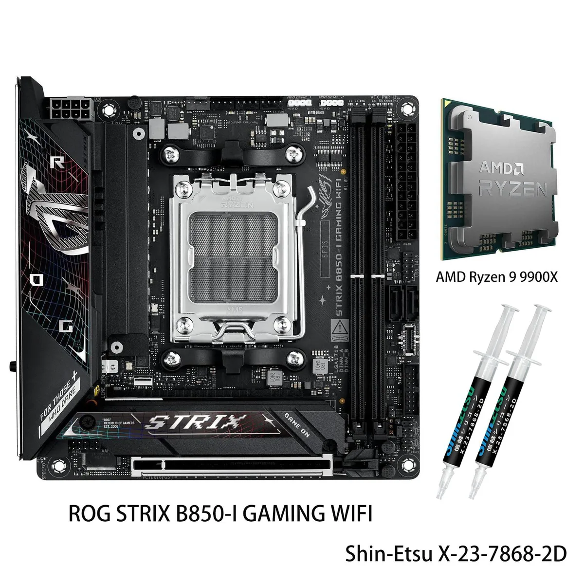 Compact mini-ITX motherboard with large heatsinks and installed Ryzen 9 9900X CPU