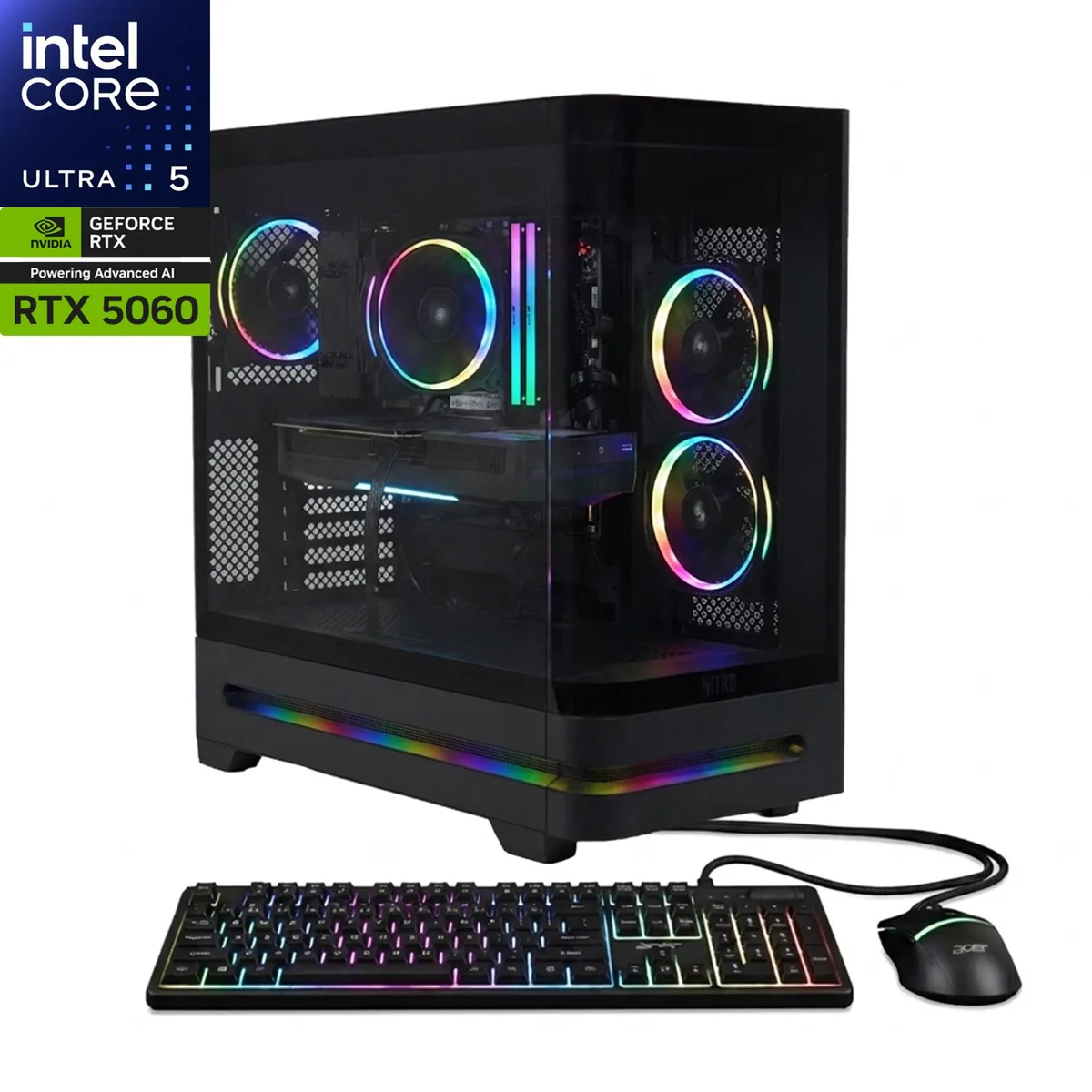 Black mid-tower gaming desktop with USB keyboard and mouse