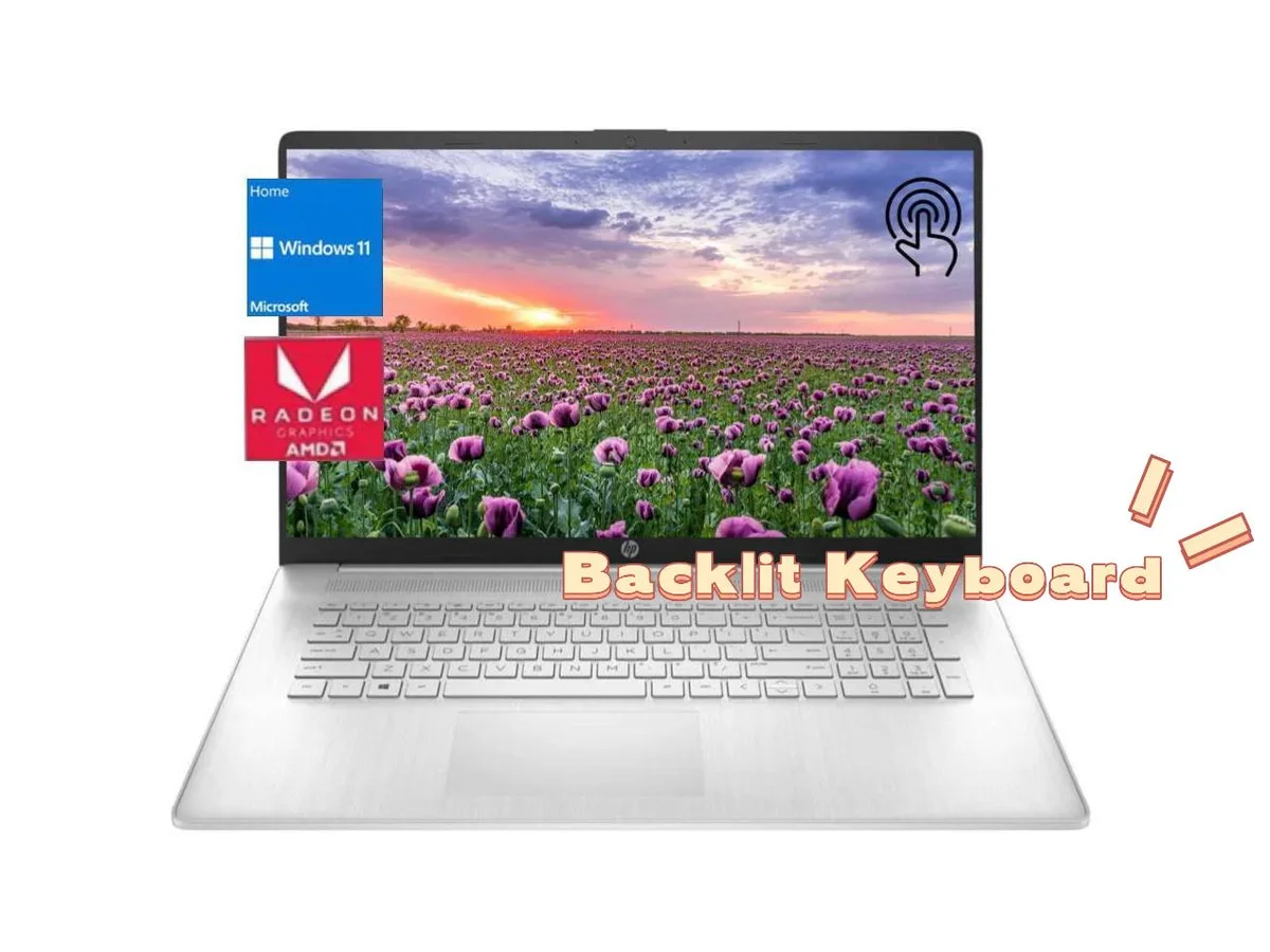 Silver 17.3 inch touchscreen laptop with lift-hinge design