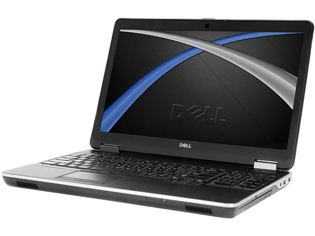 Black and silver Dell E6540 laptop closed on a plain background