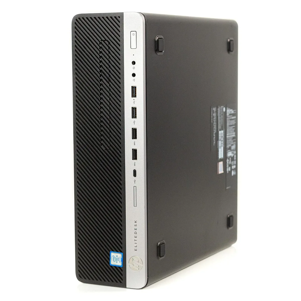 Compact black small-form-factor desktop tower, matte finish, front power button and ports