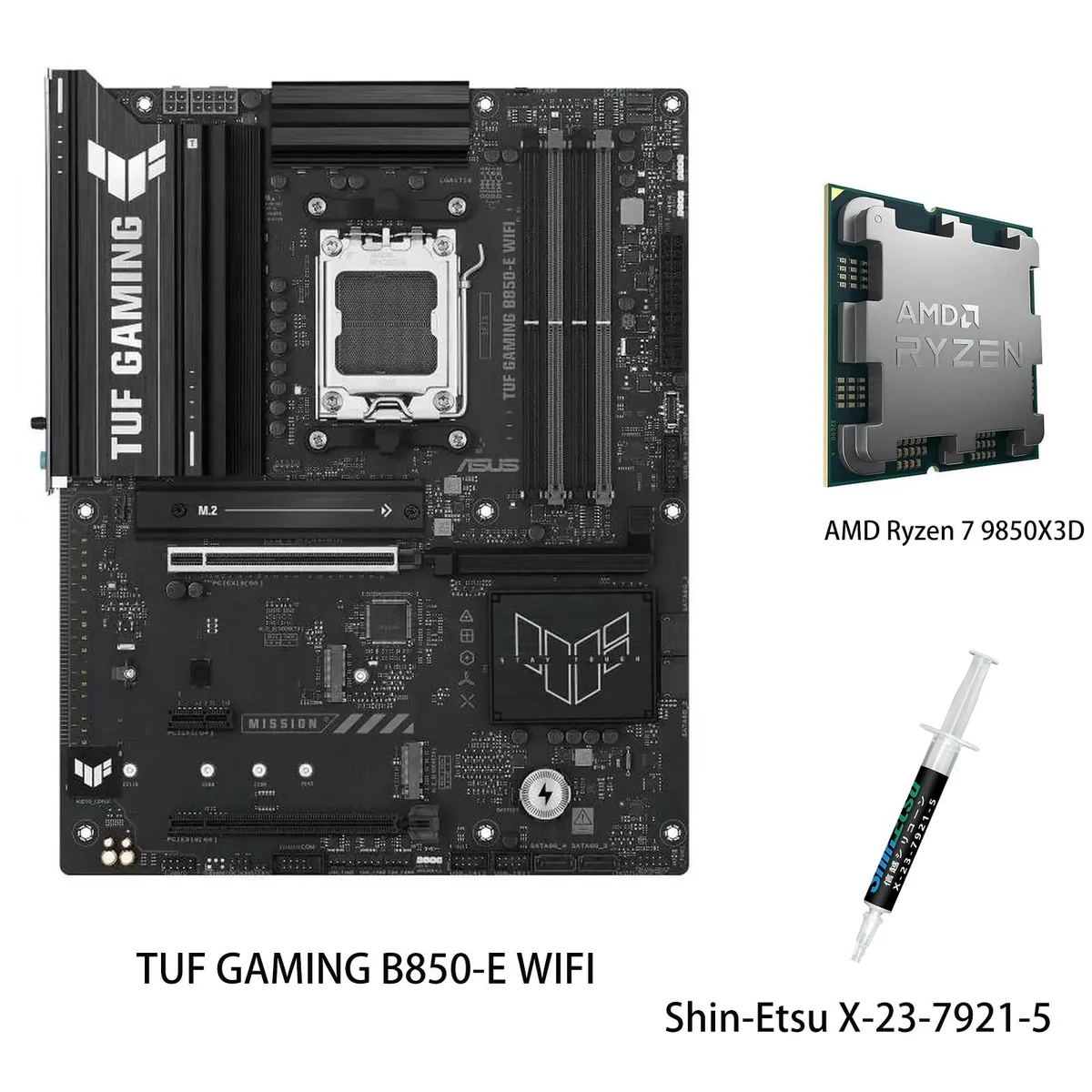 ASUS TUF Gaming B850-E WIFI ATX motherboard with Ryzen 7 9850X3D CPU installed, dark grey finish with yellow accents