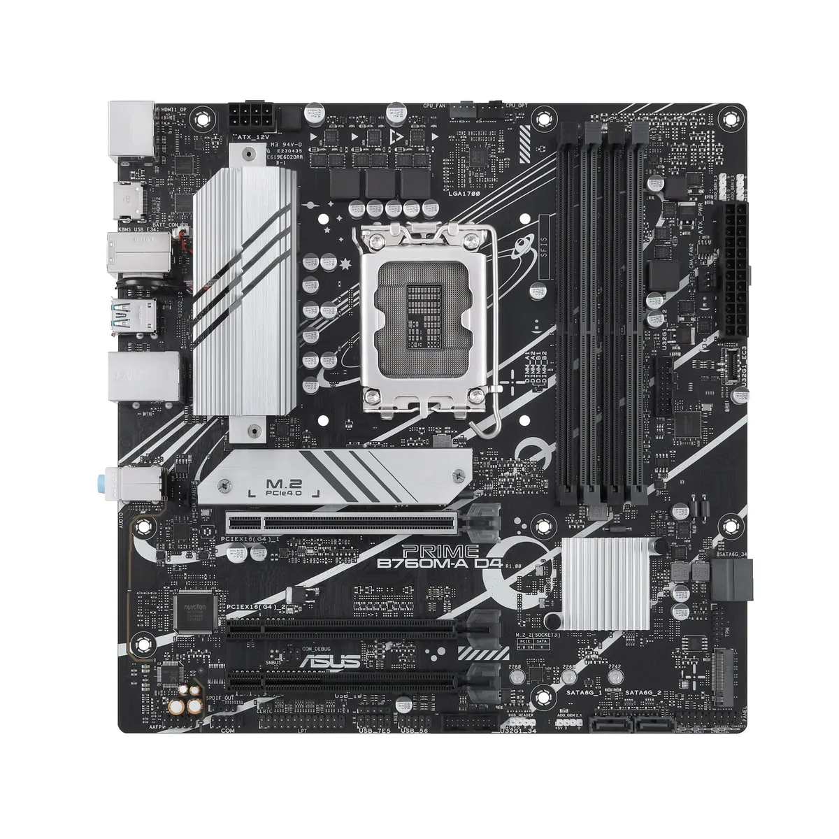 ASUS PRIME B760M-A D4 micro ATX motherboard, dark PCB with silver heatsinks and LGA 1700 socket