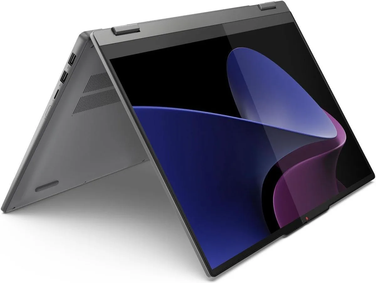 Grey 2-in-1 convertible laptop with 16 inch touchscreen display