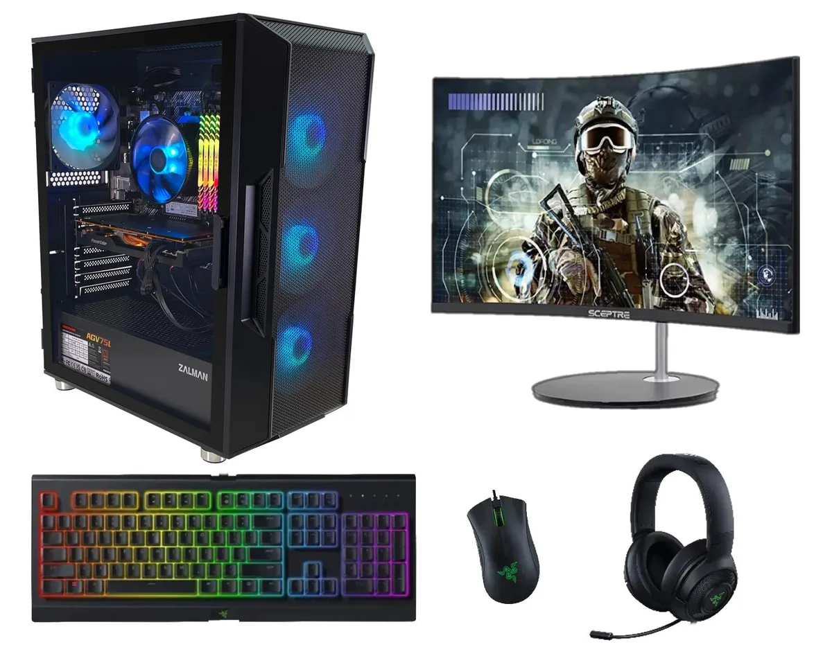 Black Zalman i3 ARGB mid-tower with hinged glass side panel and 24-inch monitor
