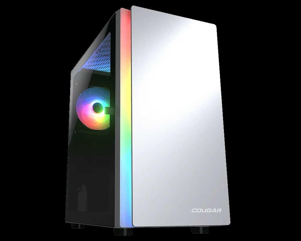 White compact tower case with RGB fan visible through side panel