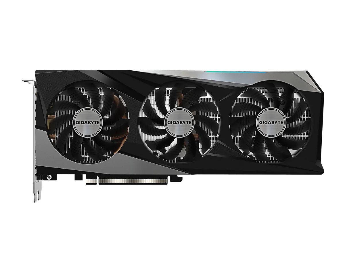 Triple-fan graphics card, dark metal shroud, silver backplate, RGB lighting strip