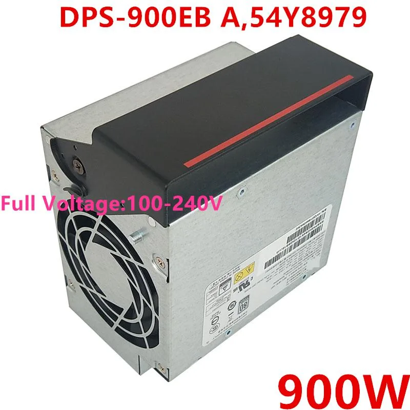 Rectangular metal ATX power supply unit with ventilation grille and label showing DPS-900EB A