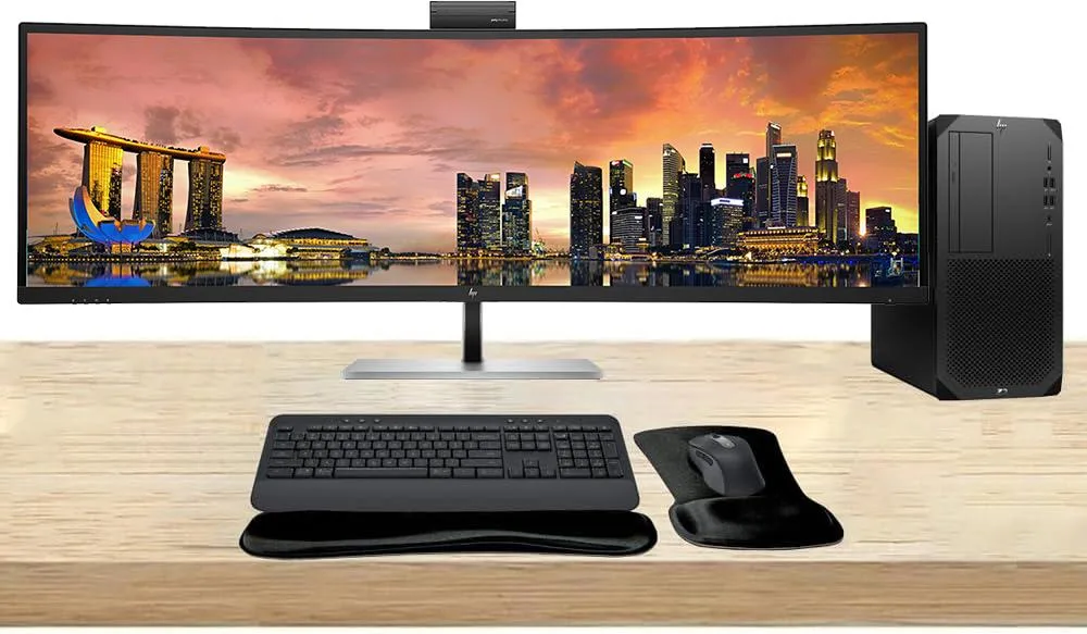 HP Z2 G9 tower, 49-inch curved ultrawide monitor, wireless keyboard and mouse kit