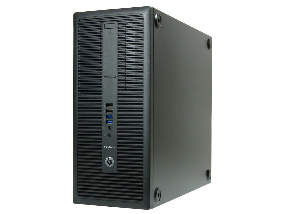A black HP EliteDesk 800 G2 tower desktop computer standing upright