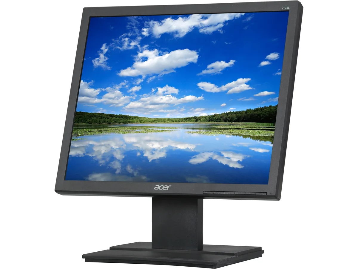 A black 17 inch flat panel monitor with a 5:4 screen on a tilt stand