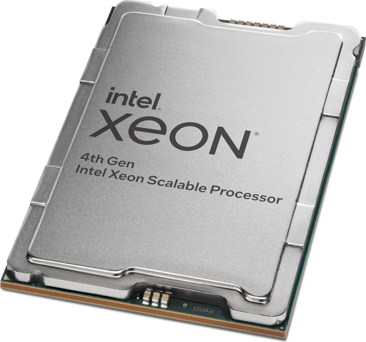 Square gray server processor with gold contacts on the underside