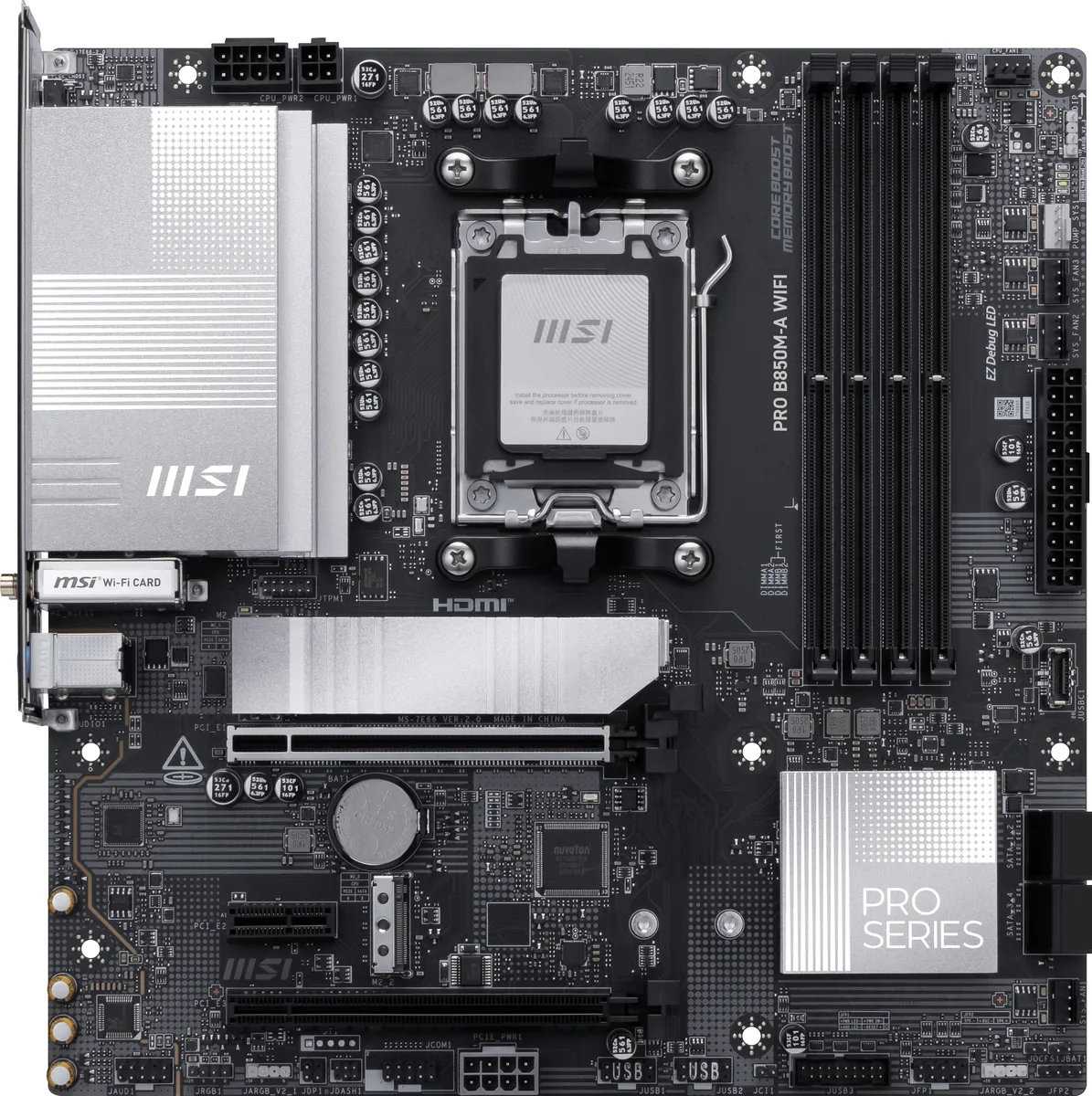 Micro-ATX motherboard, dark PCB with silver heatsinks, AM5 socket, four DDR5 slots, two M.2 covers, rear I/O shield