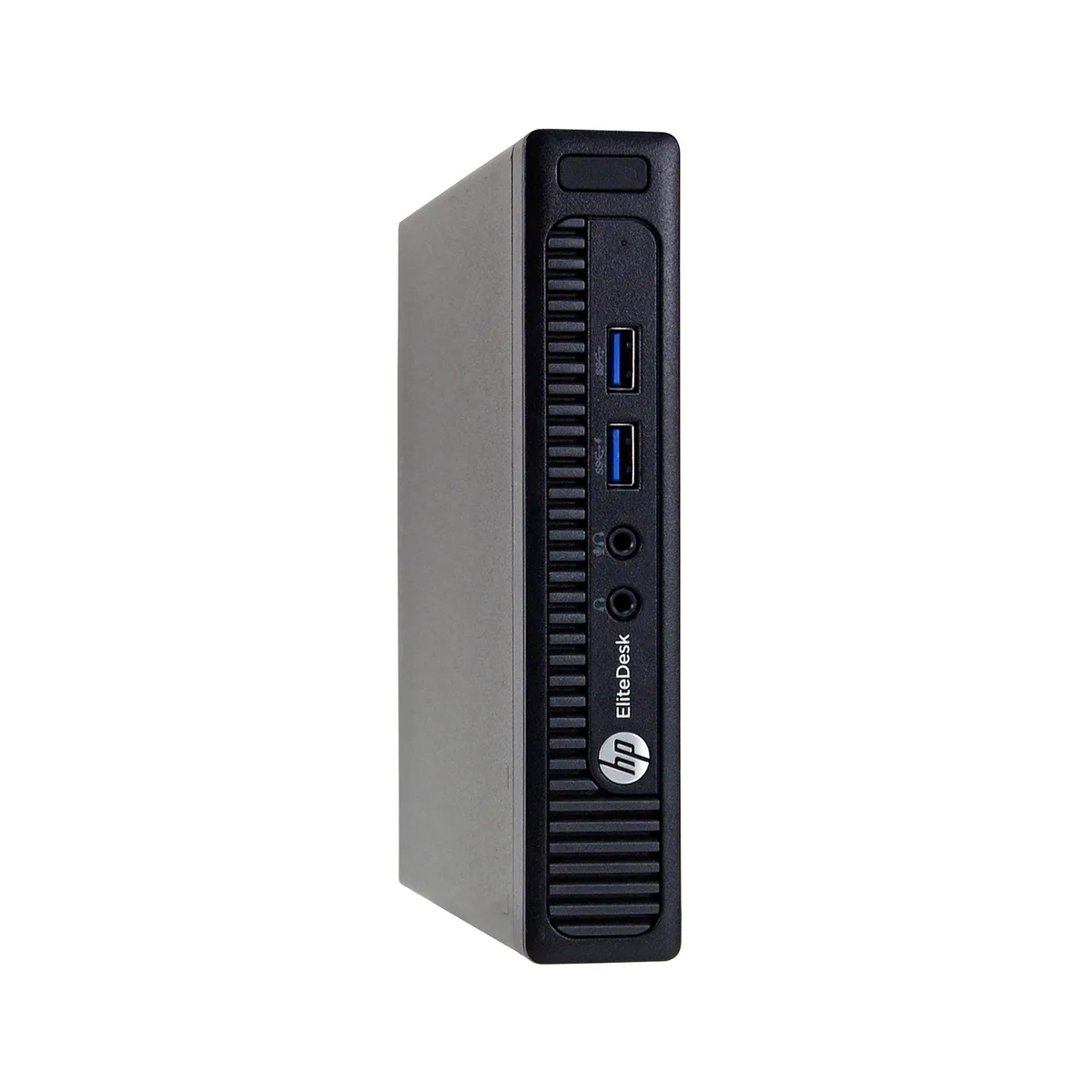 Small black and silver mini desktop computer, compact cube shape