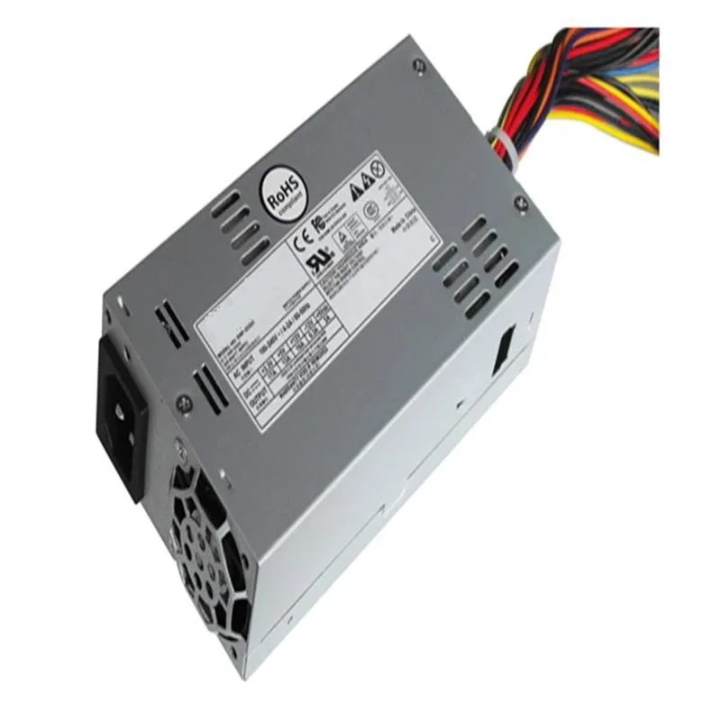 Compact 1U silver power supply unit with rear fan grille and modular cable connectors