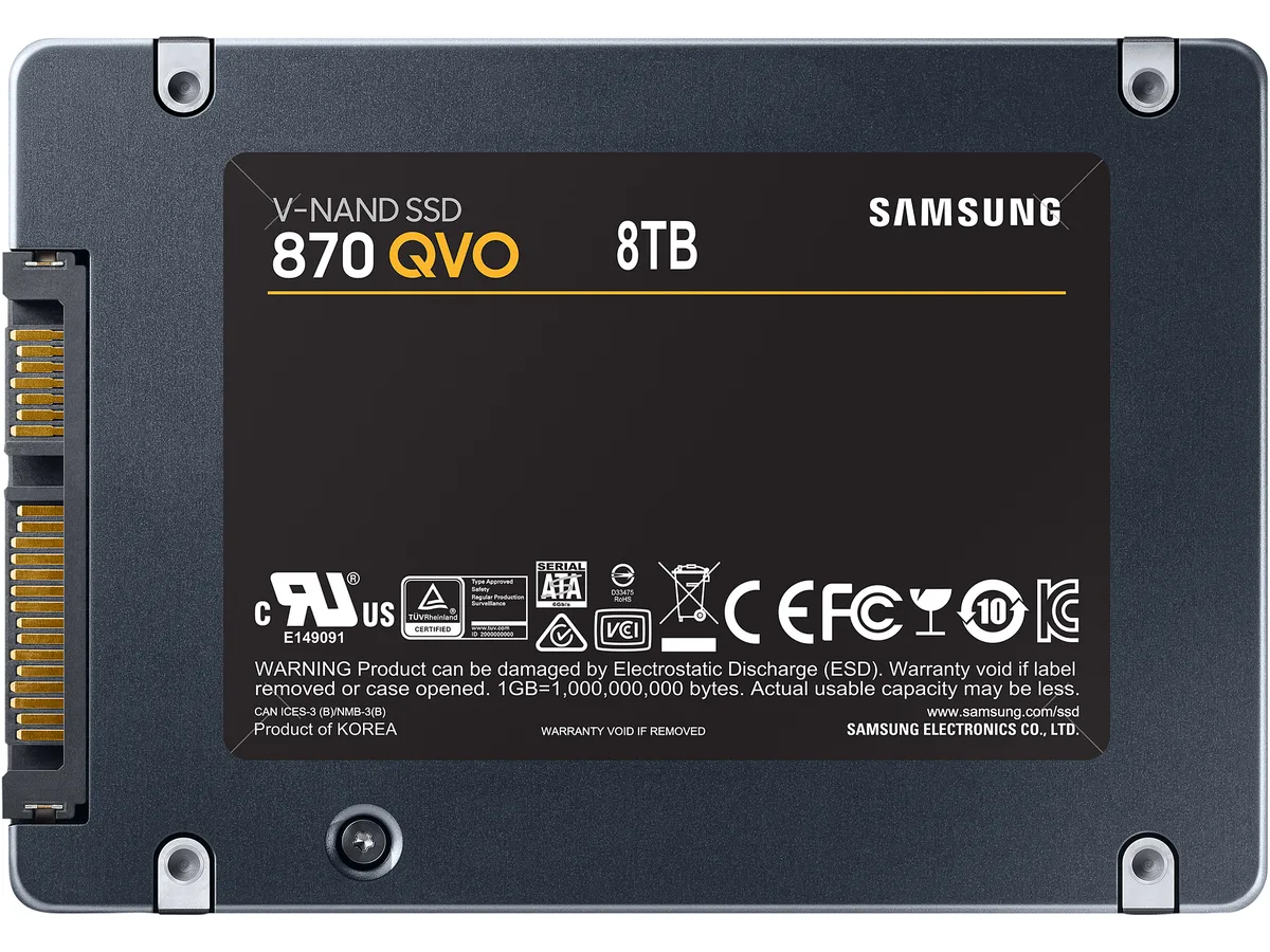 Rectangular 2.5 inch internal SSD with black metal casing and silver label