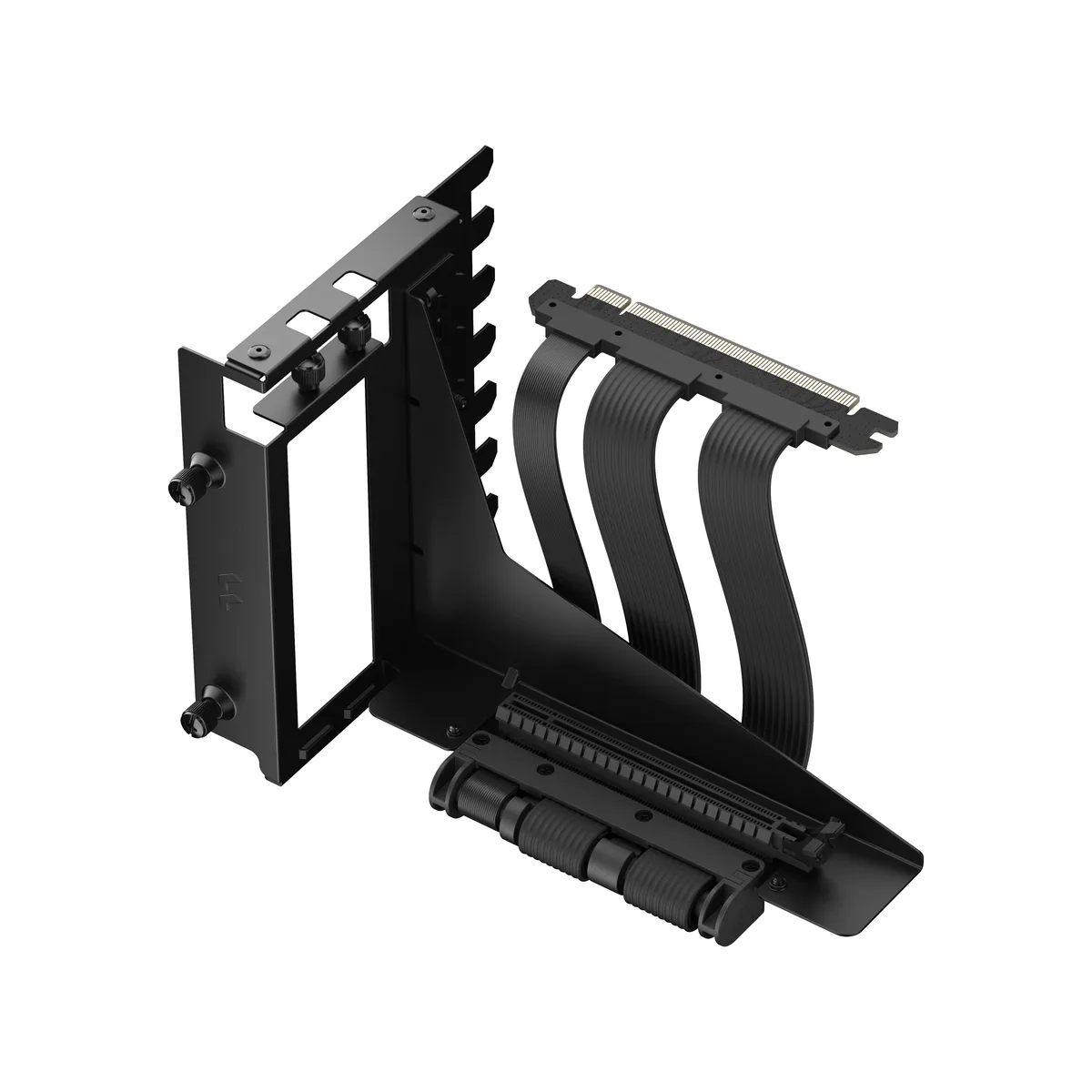 Black metal GPU bracket with flexible PCIe 4.0 riser cable for vertical graphics card mounting