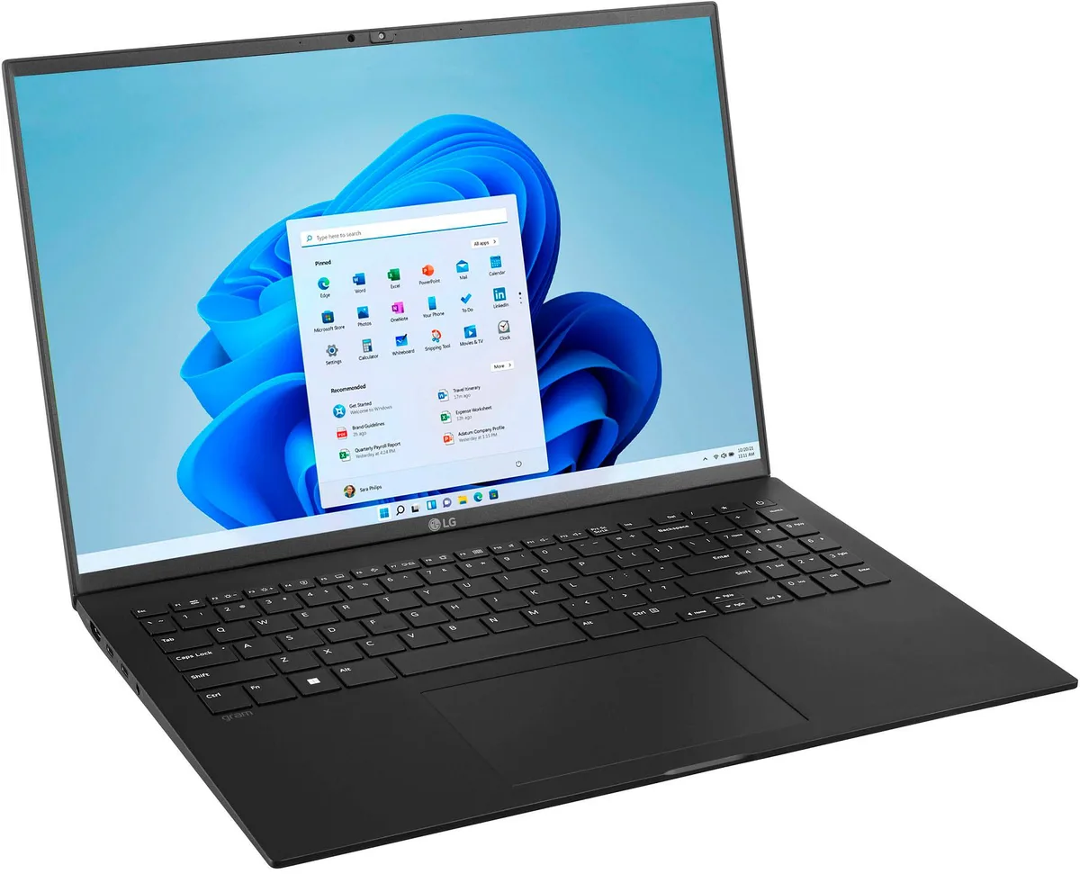 Silver ultra-lightweight 16 inch laptop with thin bezels and matte anti-glare display