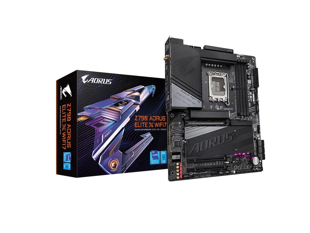 ATX motherboard with silver VRM heatsinks and black PCB