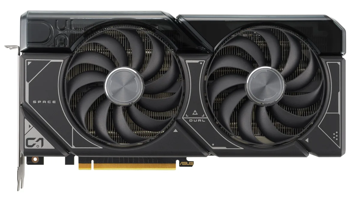 ASUS Dual RTX 4070 graphics card, dual-fan cooler, dark grey metal shroud, silver backplate, PCIe bracket with one HDMI and three