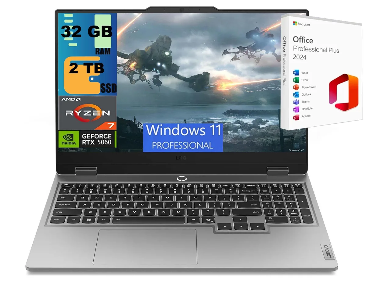 Black Lenovo LOQ 15 clamshell laptop, matte finish, 15.6 inch non-touch screen, backlit keyboard, 0.85 inch profile